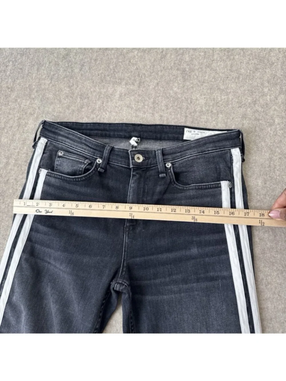 Rag‎ Bone Cate Flare Jeans Womens 29 Charcoal Stripe Mid Rise Ankle Cropped Raw